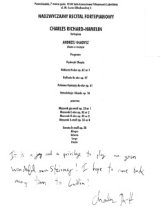 Wpis do księgi gości nadzwyczajnego recitalu fortepianowego Charlesa Richarda-Hamelina – pianisty, solisty koncertu.