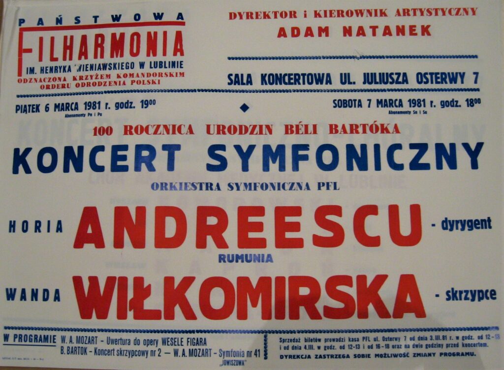Plakat koncertowy, 6 marca 1981, Hoaria Andreescu - dyrygent, Wanda Wiłkomirska - skrzypce
