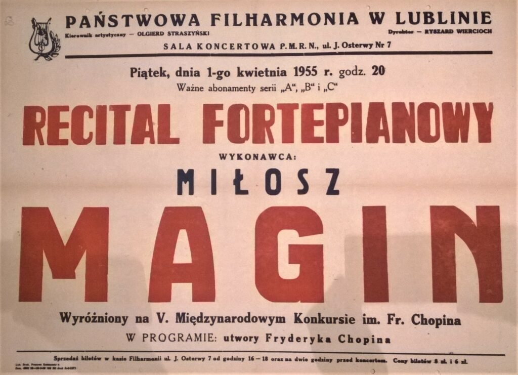 Plakat koncertowy, 1 kwiatnia 1955, Miłosz Magin - fortepian