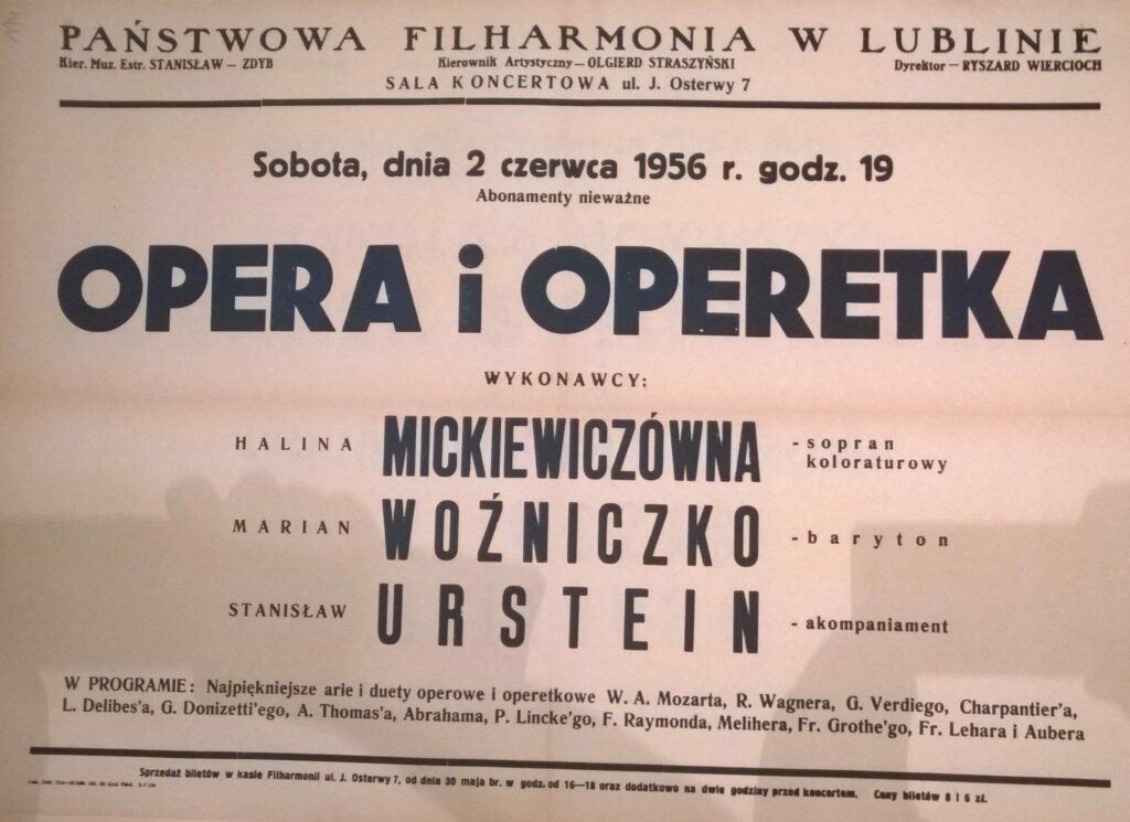 Plakat koncertowy, 2 czerwca 1956, Halina Mickiewiczówna - sopran, Marian Woźniczko - baryton, Stanisław Urstein - akompaniament