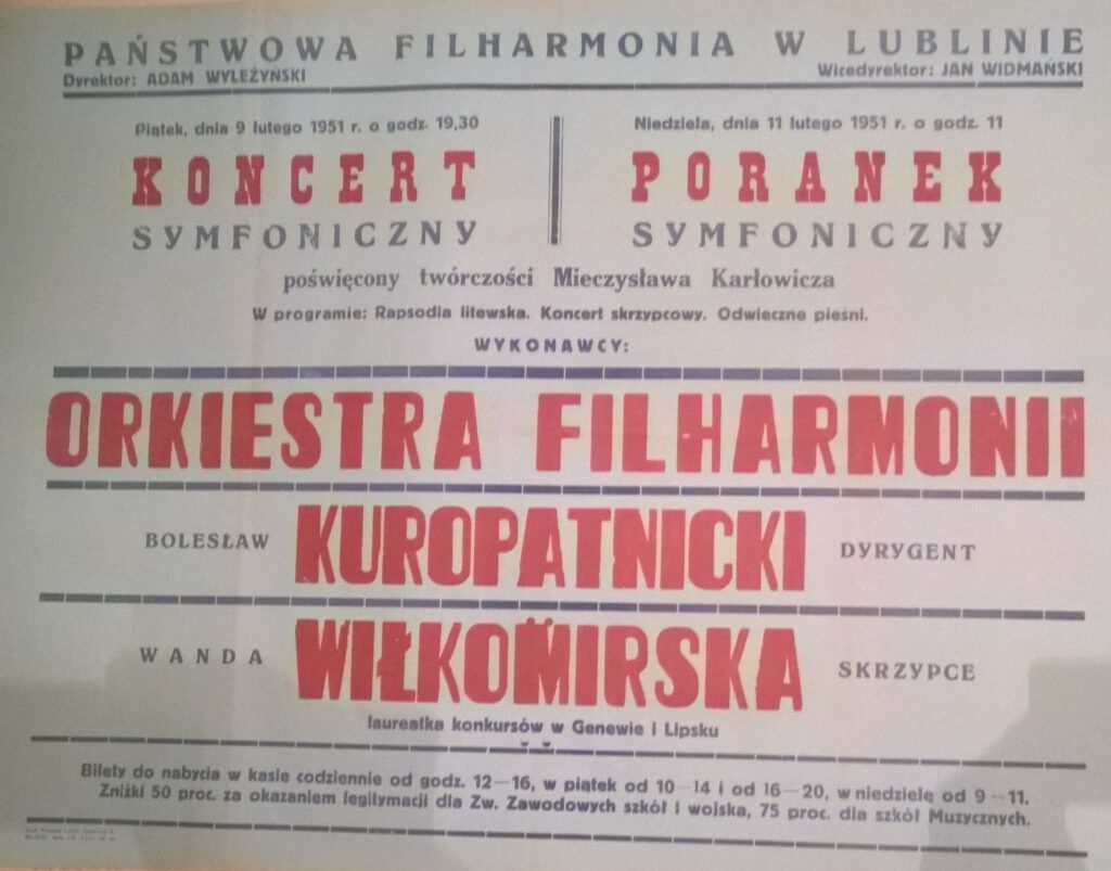 Plakat koncertowy, 9 lutego 1951, Bolsław Kuropatnicki - dyryygent, Wanda Wiłkomirska - skrzypce
