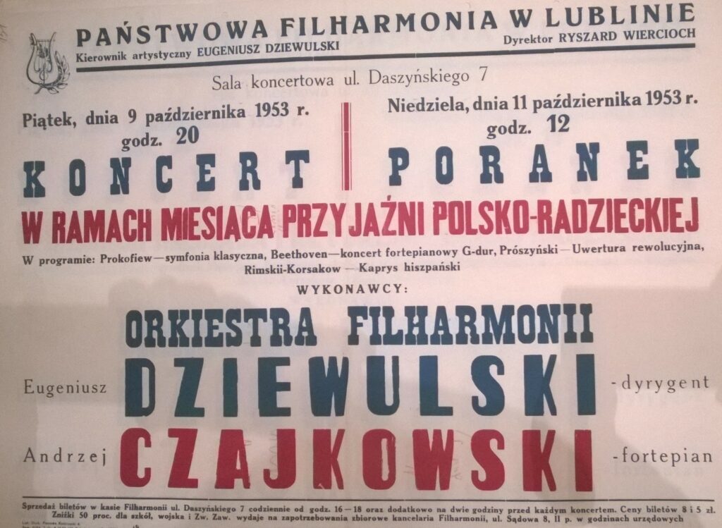 Plakat, koncertowy, 9 października 1953, Eugeniusz Dziewulski - dyrygent, Andrzej Czajkowski - fortepian
