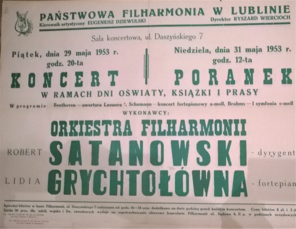 Plakat koncertowy, 29 maja 1953, Robert Satanowski - dyrygent, Lidia Grychtołówna - fortepian