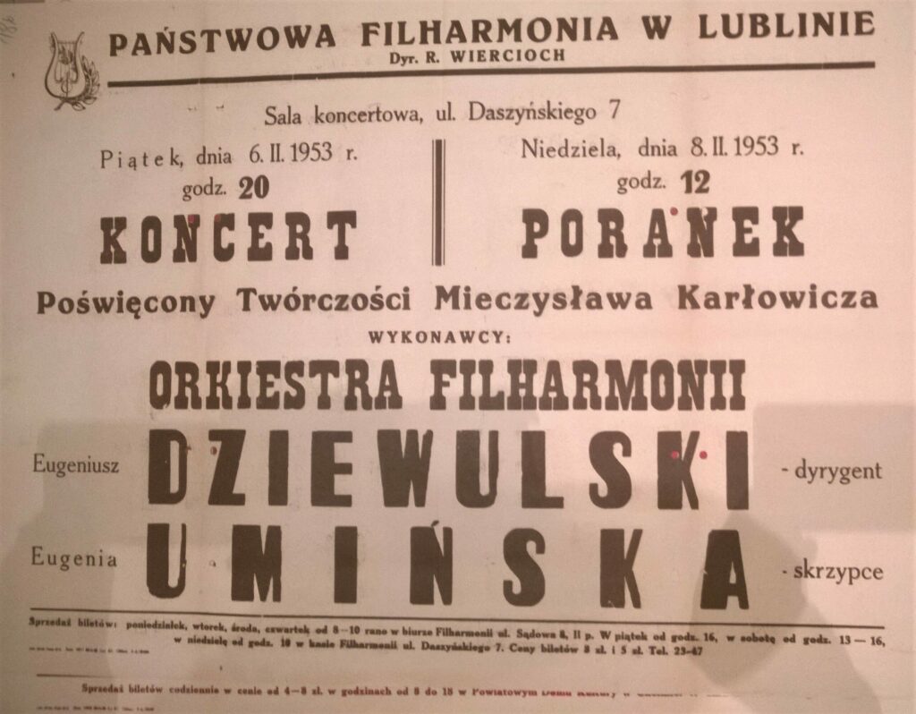 Plakat koncertowy, 6 luty 1953, Eugeniusz Dziewulski - dyrygent, Eugenia Umińska - skrzypce