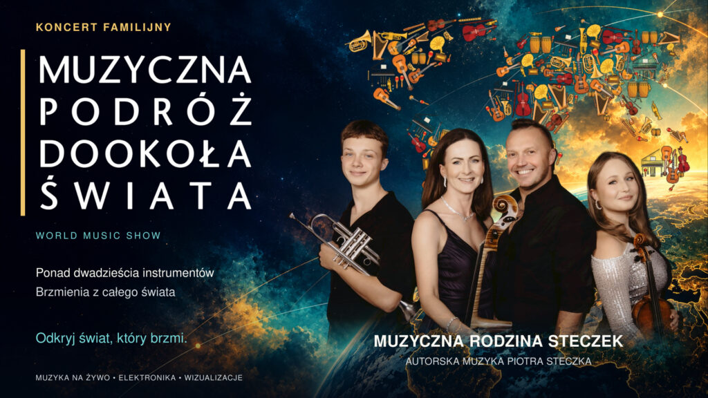 Plakat koncertu „Muzyczna podróż dookoła świata”